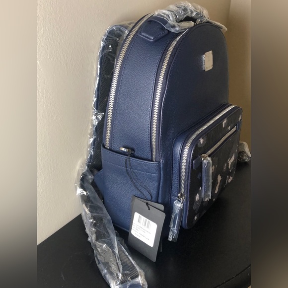 MCM NWT Navy Leather Floral Print Backpack w/Dust Bag - Picture 13 of 16